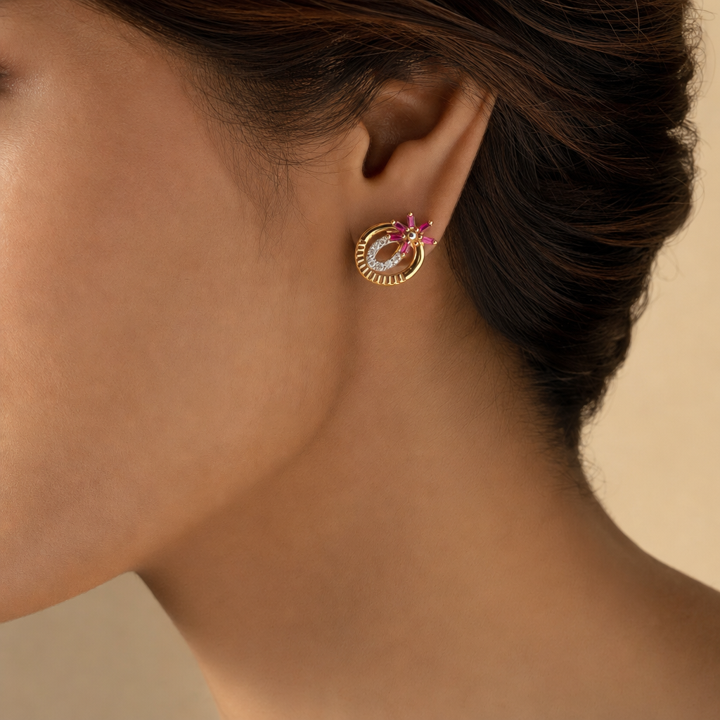 Gold Colour Stone & CZ Stud Earrings