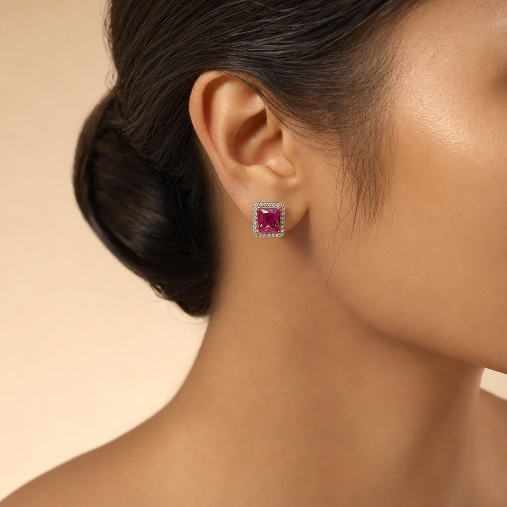 Gold Colour Stone & CZ Stud Earrings