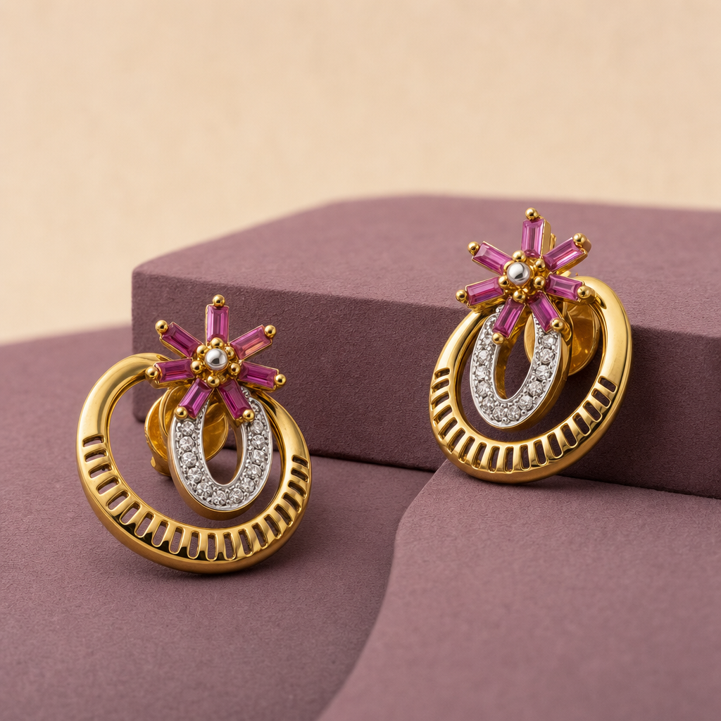 Gold Colour Stone & CZ Stud Earrings